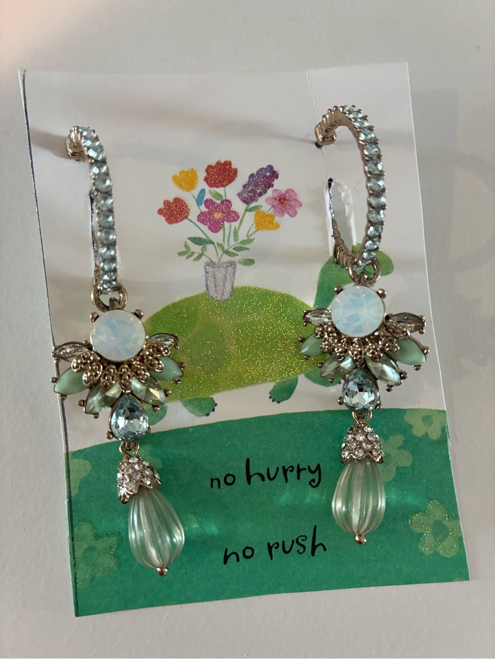 Mint Green Crystal Drop Hoop Earrings. GORGEOUS. Preowned.